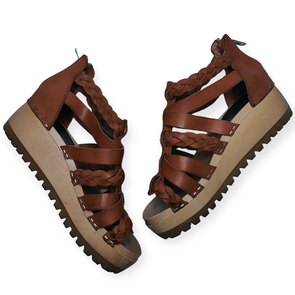 Swedish Hasbeens Gladiator Clogs Brown Tan Sandals Strappy Zipper EU Size 36
